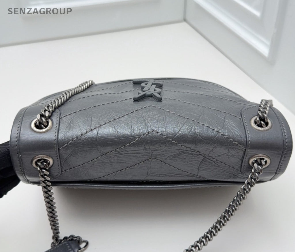 Saint Laurent Niki PM Chain Crossbody Shoulder Bag Gray Silver Women Classic