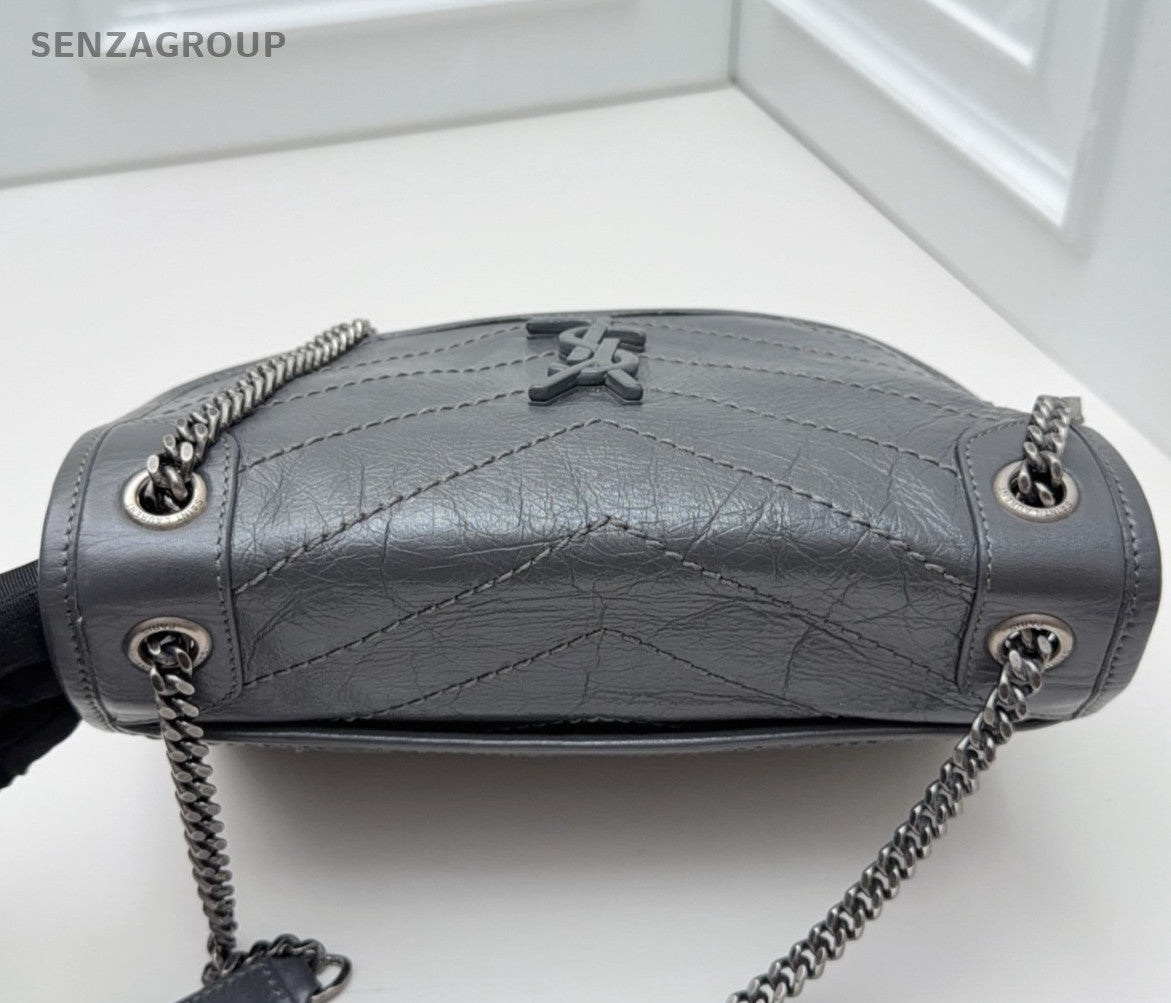 Saint Laurent Niki PM Chain Crossbody Shoulder Bag Gray Silver Women Classic