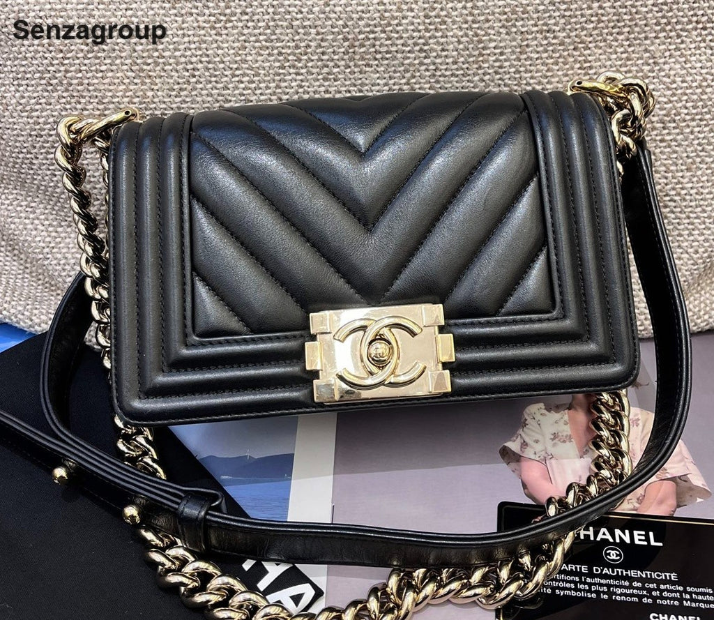 Chanel Leboy PM Chain Calfskin Shoulder Bag Crossbody Black Gold Women Classic