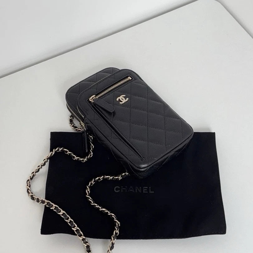 New Chanel Calfskin Phone Bag Gold Chain Black Crossbody Diamond