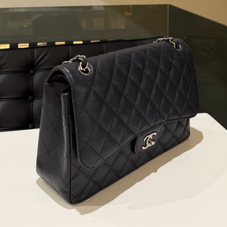 CHANEL Classic Flap Jumbo Black Caviar Leather Silver Hardware Bag