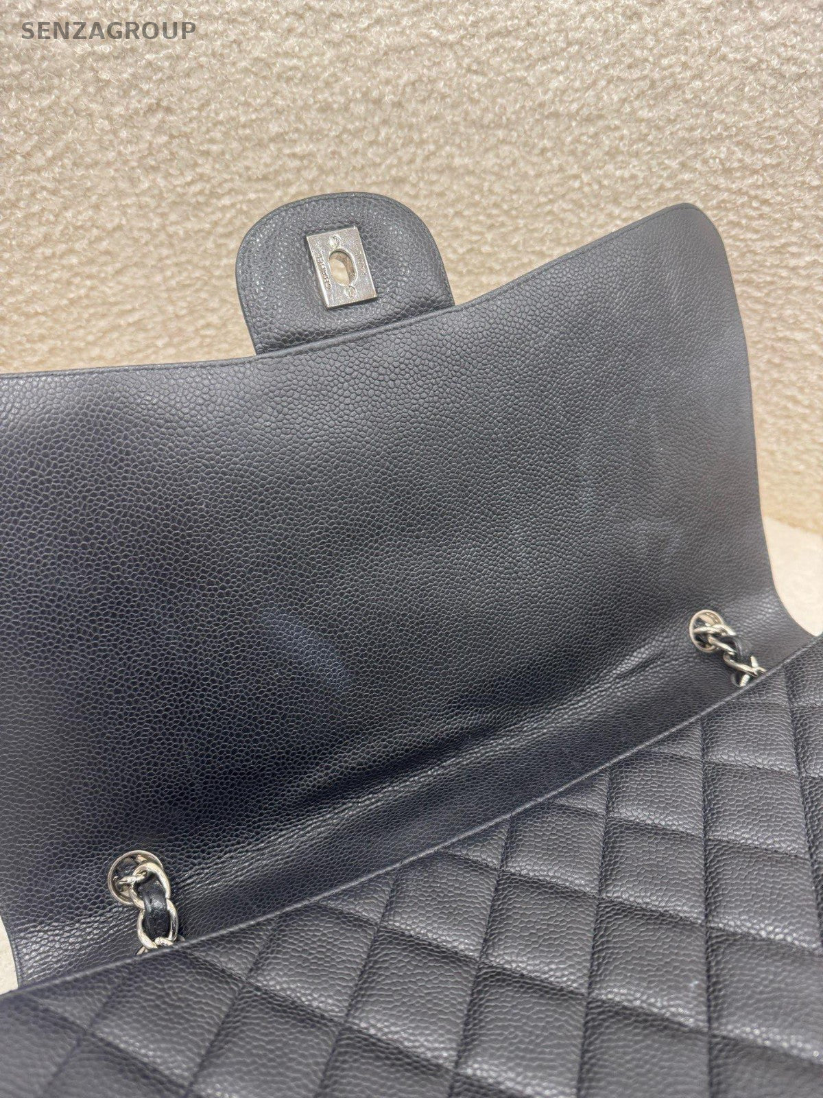 Chanel Classic Flap GM Calfskin Chain Shoulder Bag Black Silver Diamond Women