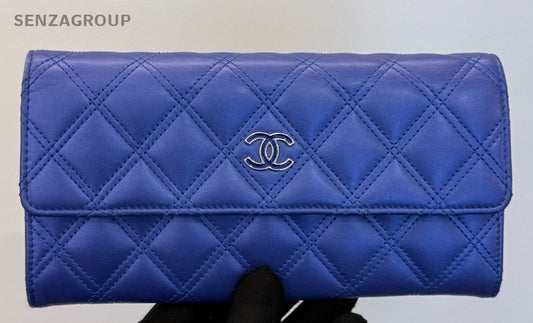 Chanel Diamond Long Wallet Blue Used Women Classic Designer
