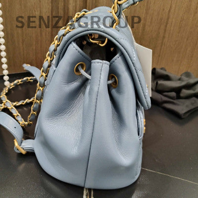 Chanel Quilted Chain Backpack Blue Gold Hardware Classic Fashion Women