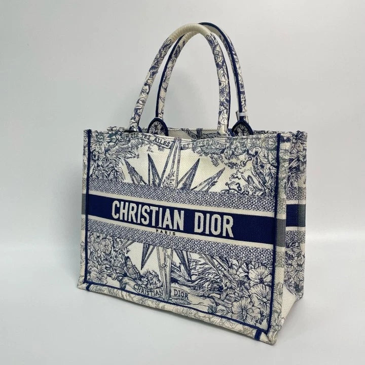 Authentic Dior Blue Embroidered Medium Tote Handbag For Women