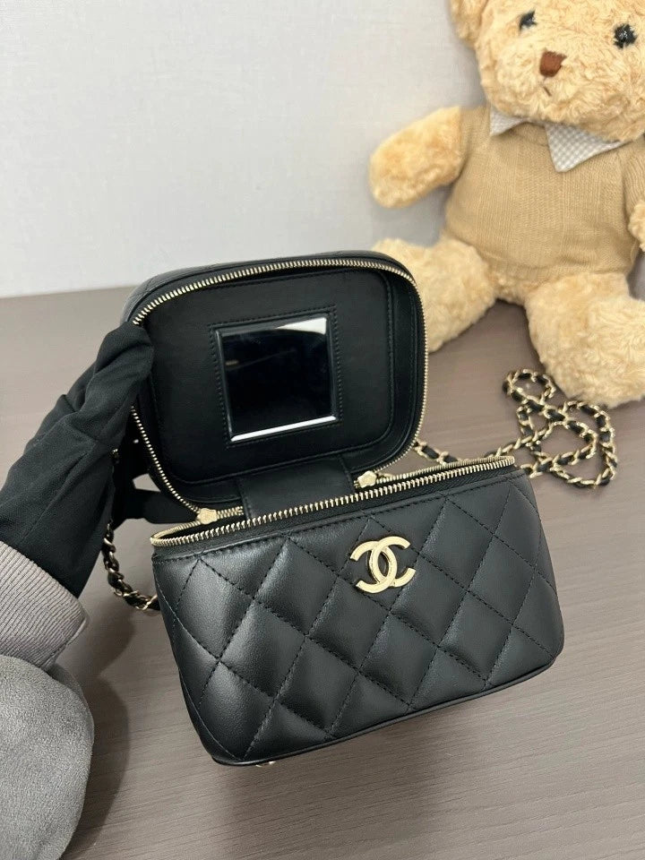 Chanel Black Gold Leather Box Crossbody Bag For Women