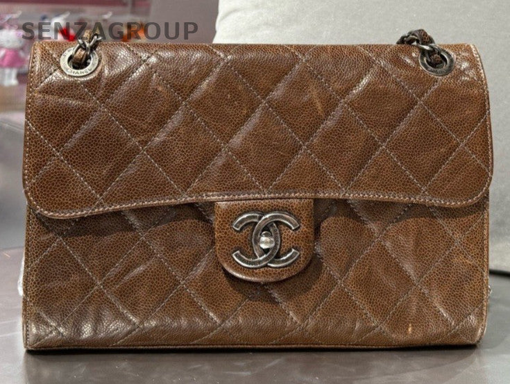 Chanel Classic Flap PM Calfskin Chain Shoulder Bag Crossbody Brown Silver Women