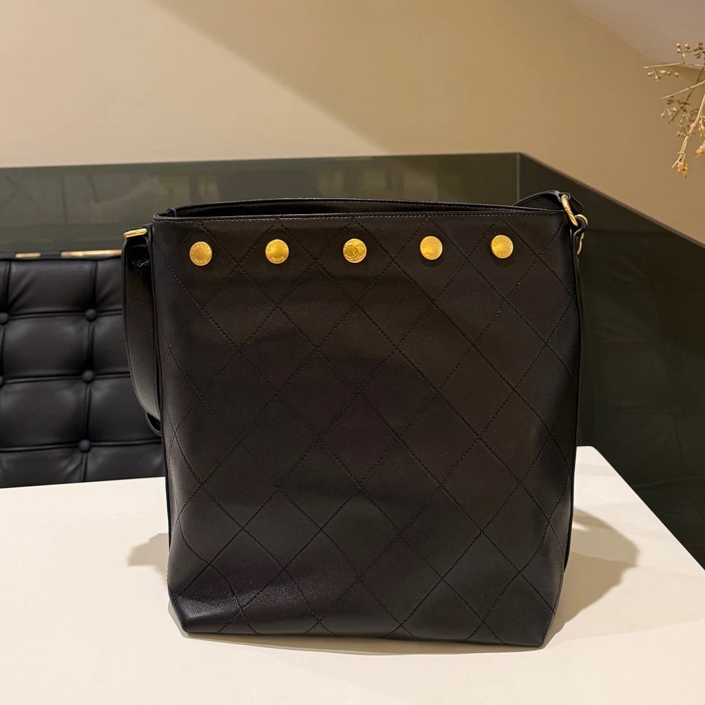 Chanel Coin Bucket Quilted Chain Shoulder Crossbody Bag Black Gold