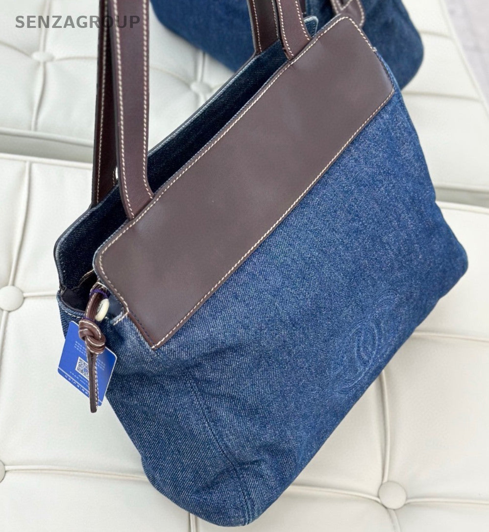Chanel Denim Tote Shoulder Bag Blue Brown Used Women Classic Vintage