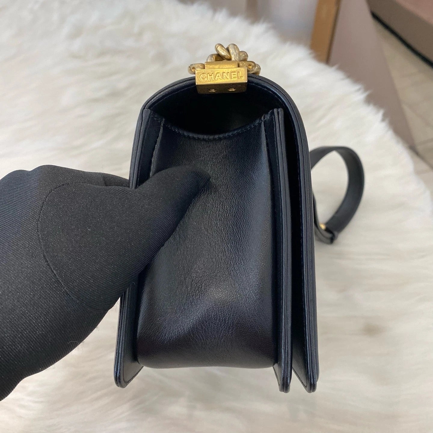 Chanel Le Boy Medium Black Gold Chain Shoulder Crossbody Bag Classic