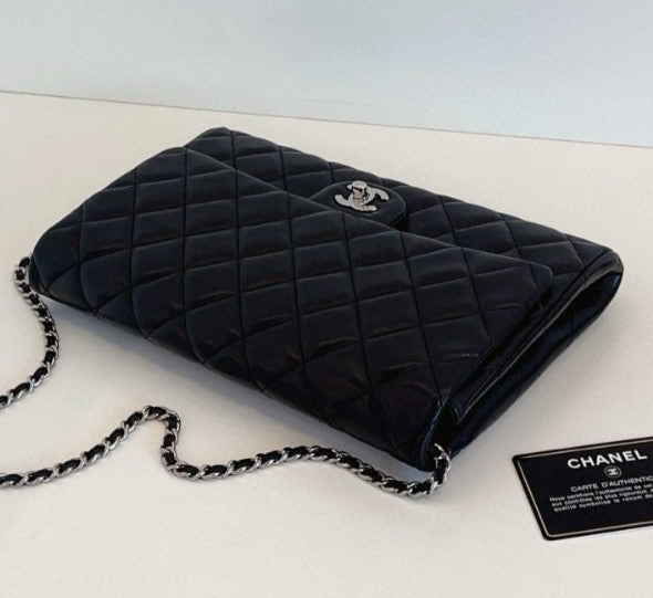 Chanel Timeless Chain Lambskin Shoulder Bag Black Silver Diamond Women Classic