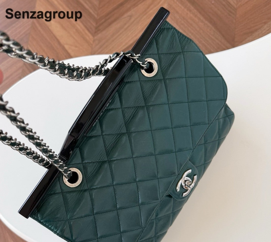 Chanel Diamond Chain Top Handle Shoulder Crossbody Green Silver Women Classic