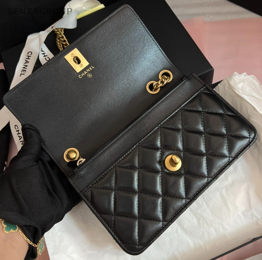 Chanel Diamond WOC Chain Shoulder Bag Crossbody Black Gold Women Classic