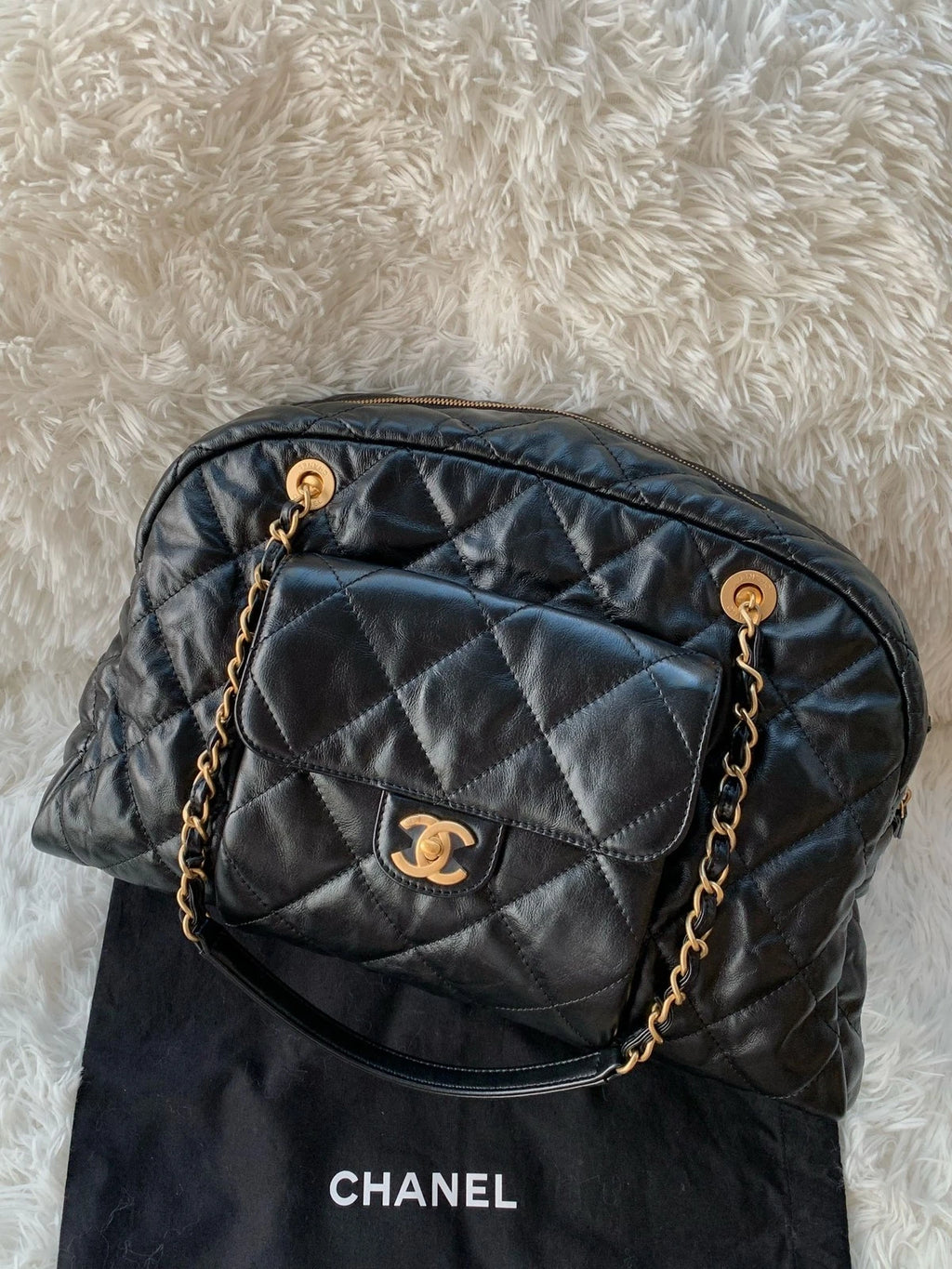 CHANEL Large Capacity Bowling Bag Waxed Leather For Women