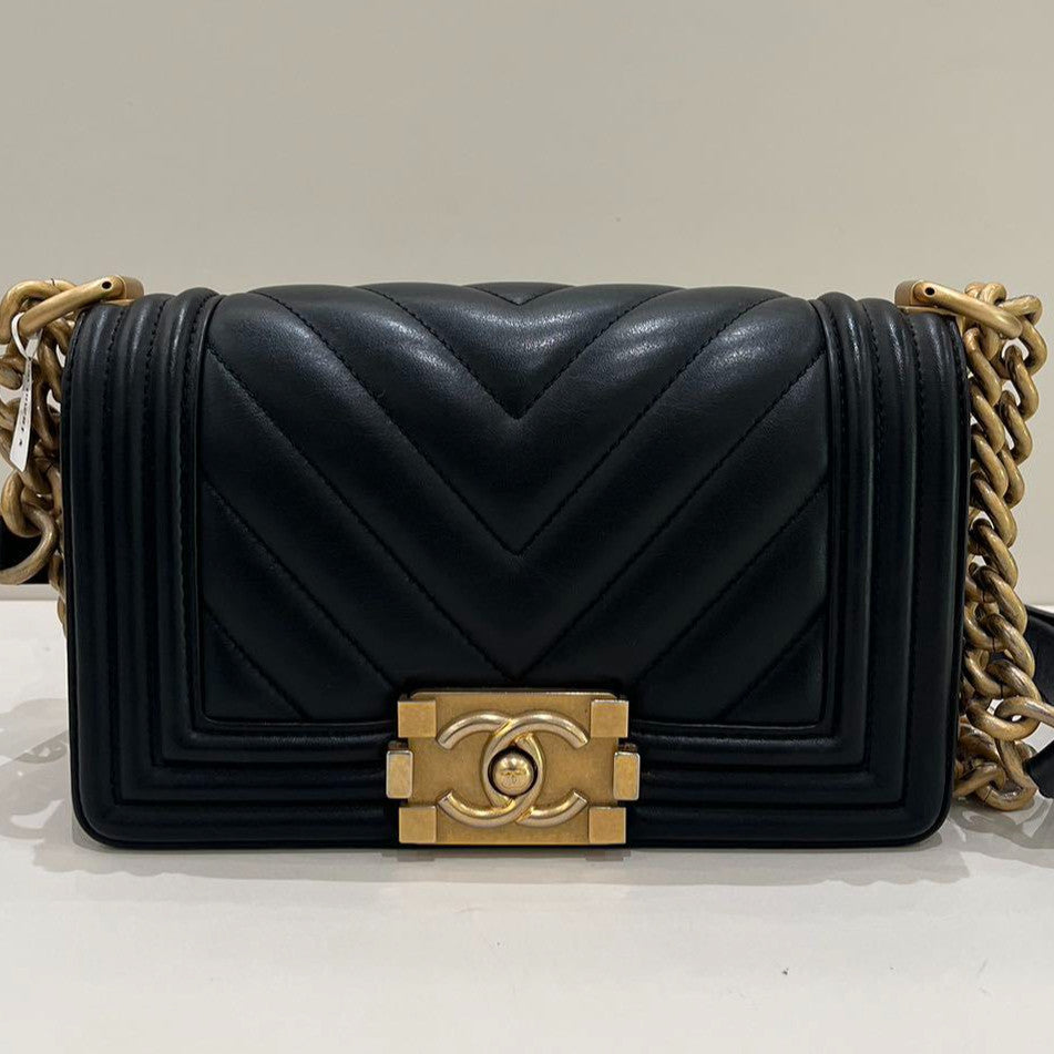Chanel Le Boy Small Black Gold Chain Shoulder Crossbody Bag Classic