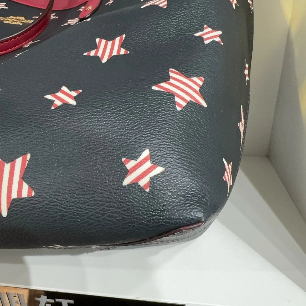 Coach City 33 Reversible Star Print Leather Tote Shoulder Bag Women Navy