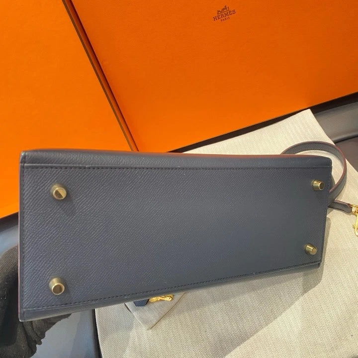 Hermes Kelly 28 Epsom Tote Top Handle Crossbody Bag Navy Gold Women D