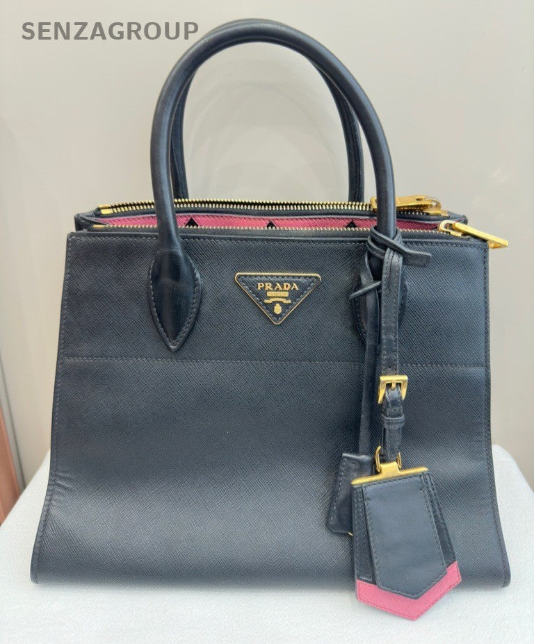 Prada Galleria PM Top Handle Bag Black Gold Used Women Classic