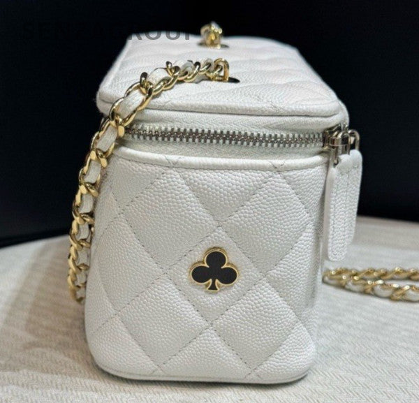 Chanel Diamond Chain Box Calfskin Crossbody White Gold Women Classic