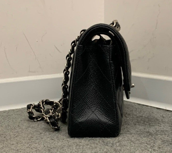 Chanel Classic Flap PM Calfskin Chain Shoulder Bag Crossbody Black Silver Women