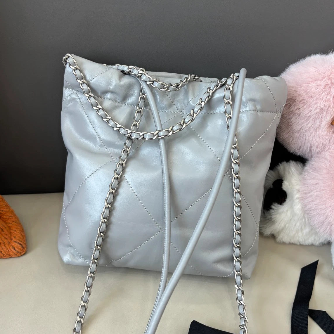 Chanel 22Bag Mini Calfskin Chain Shoulder Crossbody Gray Silver Women Classic
