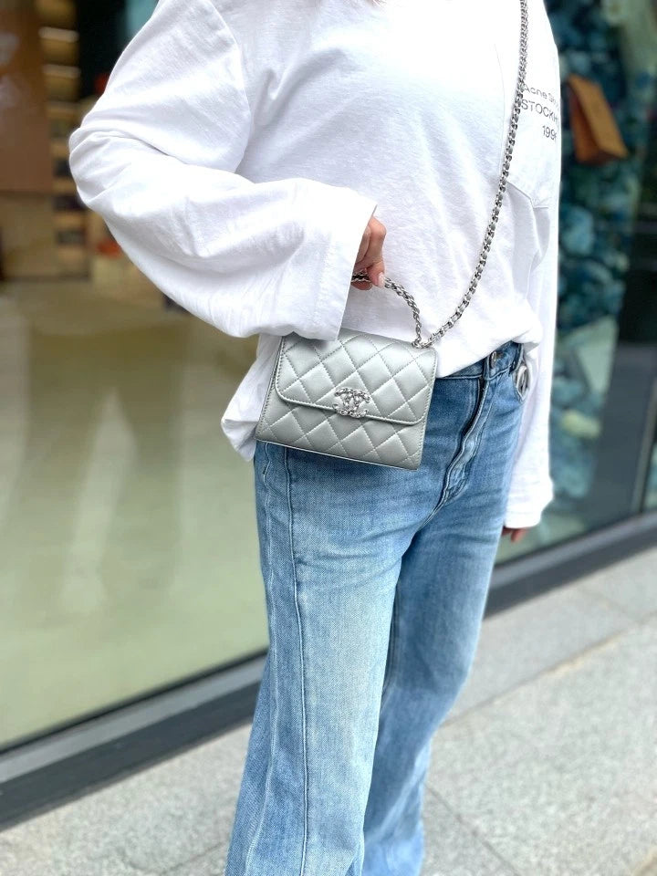 Authentic CHANEL Silver Handle Kelly Crossbody Bag For Women