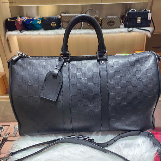 Louis Vuitton Damier Keepall Black Leather Shoulder Bag