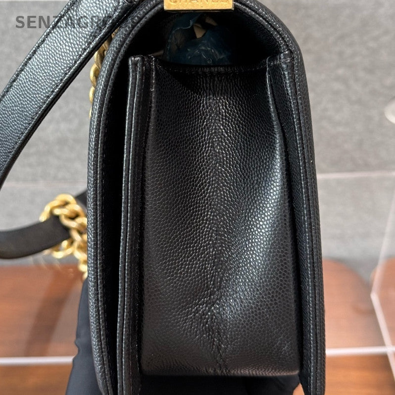 Chanel Black Caviar Leather Le Boy Medium Chain Shoulder Bag Classic Women