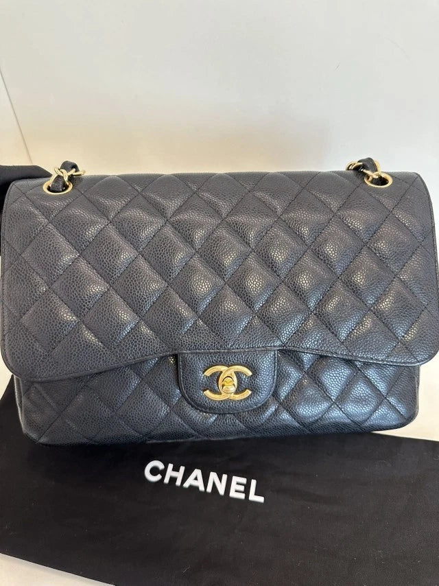 Chanel Classic Flap Jumbo Diamond Chain Shoulder Bag Crossbody Women Black Gold