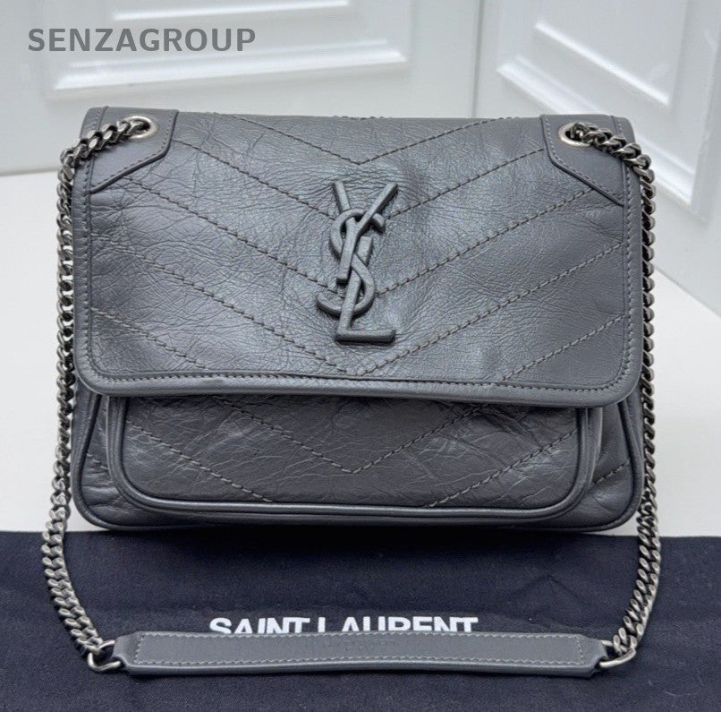 Saint Laurent Niki PM Chain Crossbody Shoulder Bag Gray Silver Women Classic
