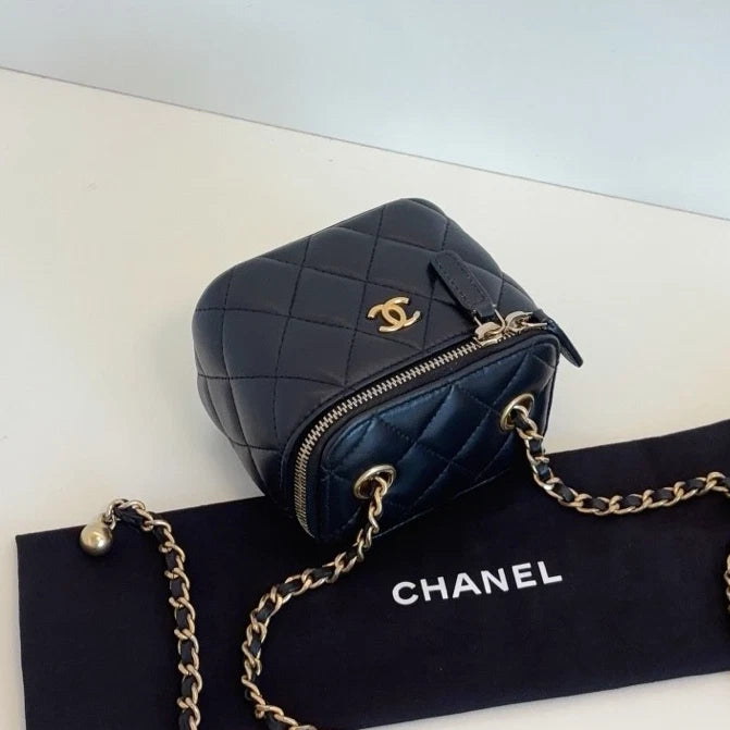 Authentic Chanel Black Vanity Case Diamond Crossbody Bag with Gold Ball Chain