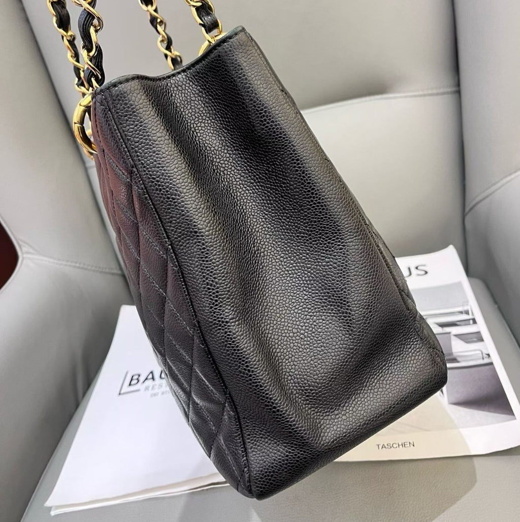 Chanel GST Chain Shoulder Bag Black Gold Women Classic Diamond
