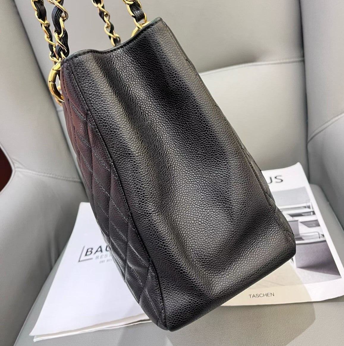 Chanel GST Chain Shoulder Bag Black Gold Women Classic Diamond