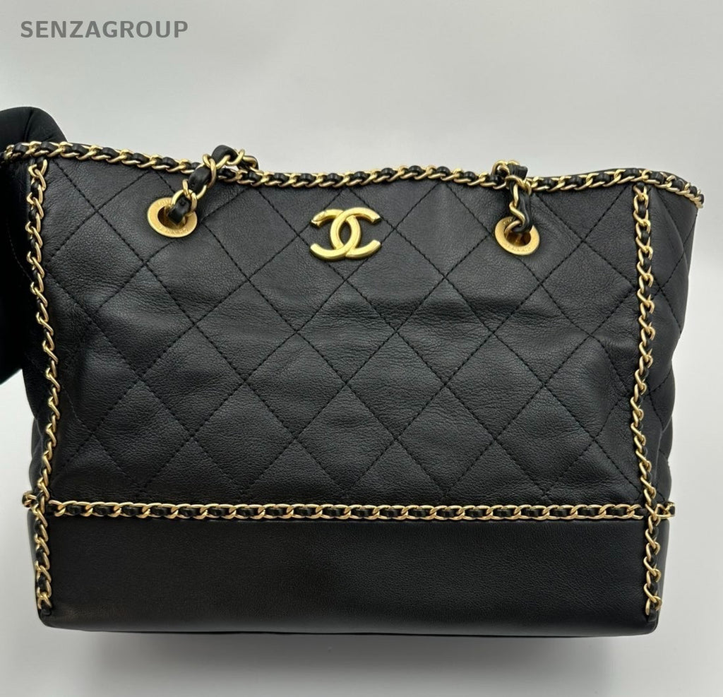 Chanel Diamond Calfskin Tote Chain Shoulder Bag Black Gold Women Classic