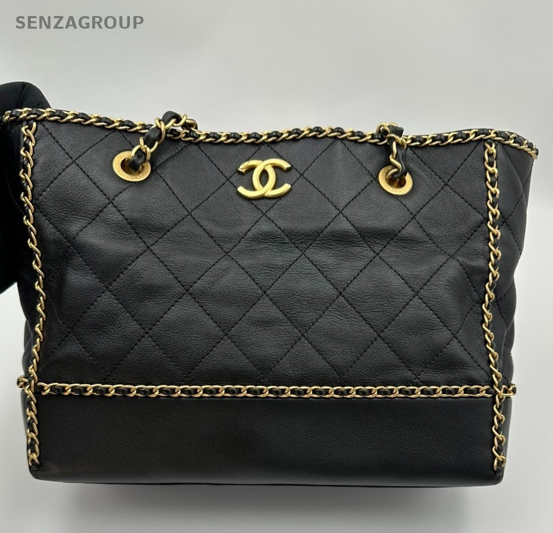Chanel Diamond Calfskin Tote Chain Shoulder Bag Black Gold Women Classic