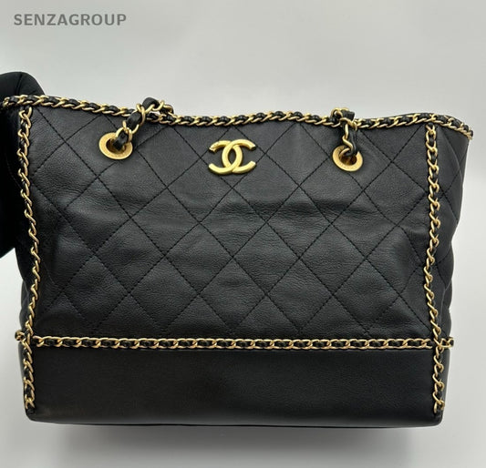Chanel Diamond Calfskin Tote Chain Shoulder Bag Black Gold Women Classic