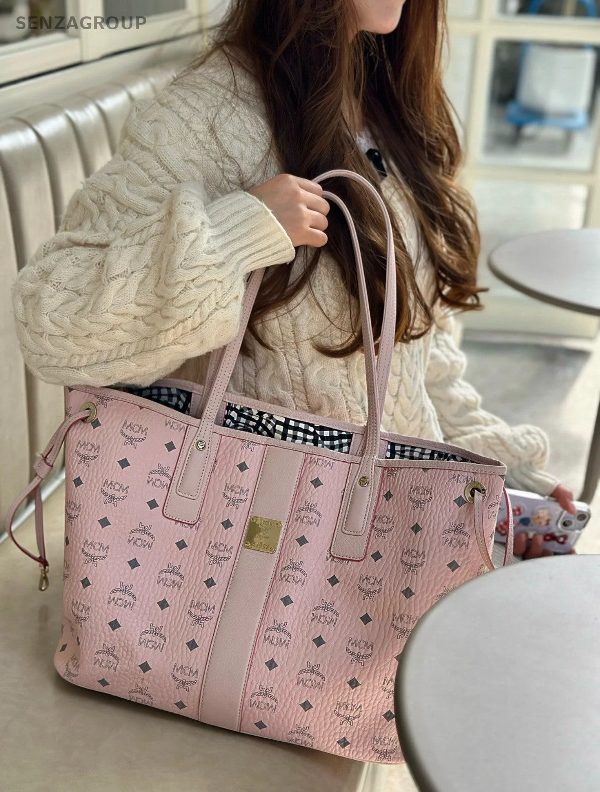 MCM Liz Visetos Tote Monogram Shoulder bag Light pink Classic Women