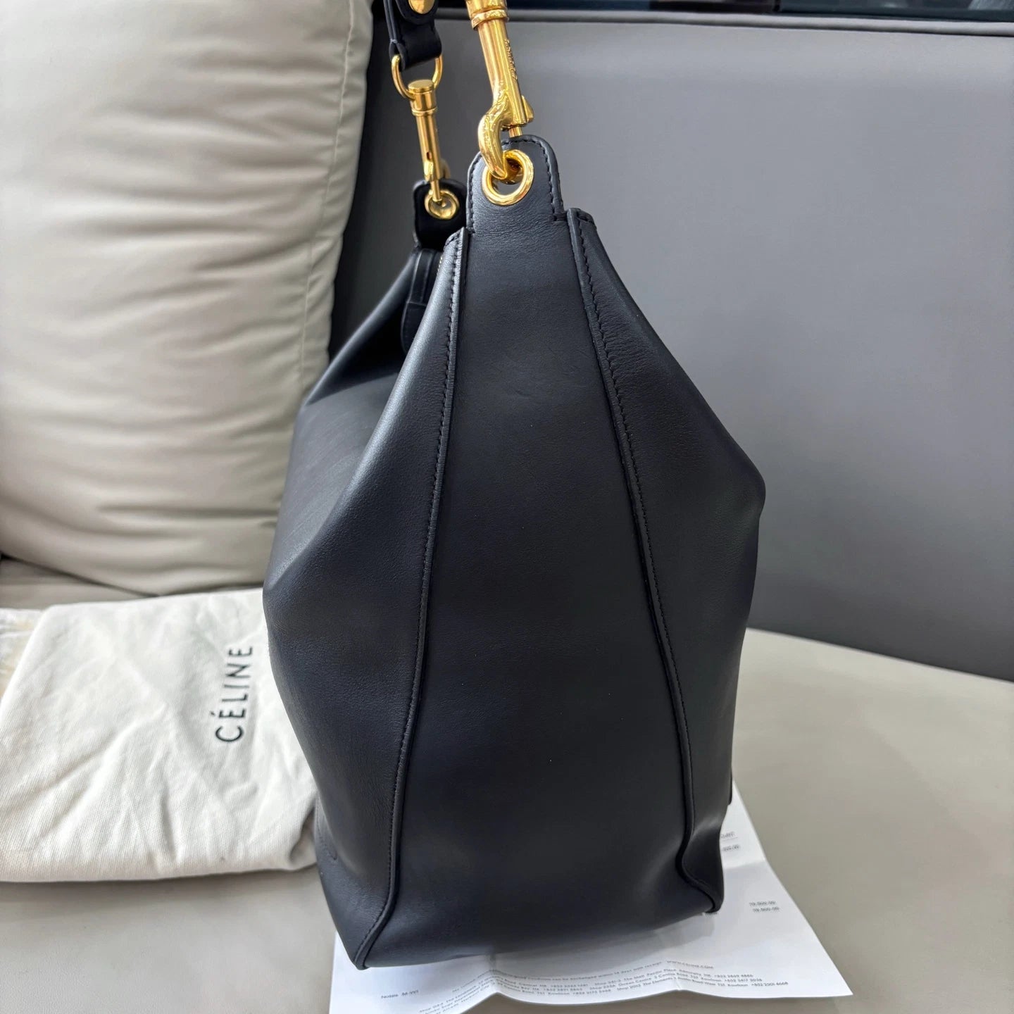 Authentic Celine Zipped Hobo Black Calfskin Shoulder Bag with Gold Hardware