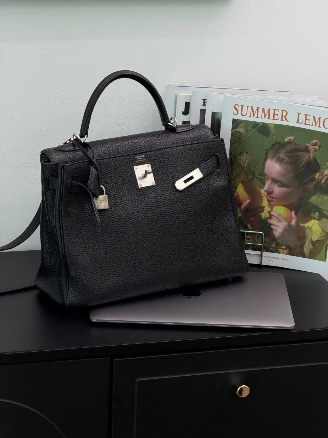 Authentic Hermes Kelly 32 Togo Tote Top Handle Crossbody Bag Black SHD