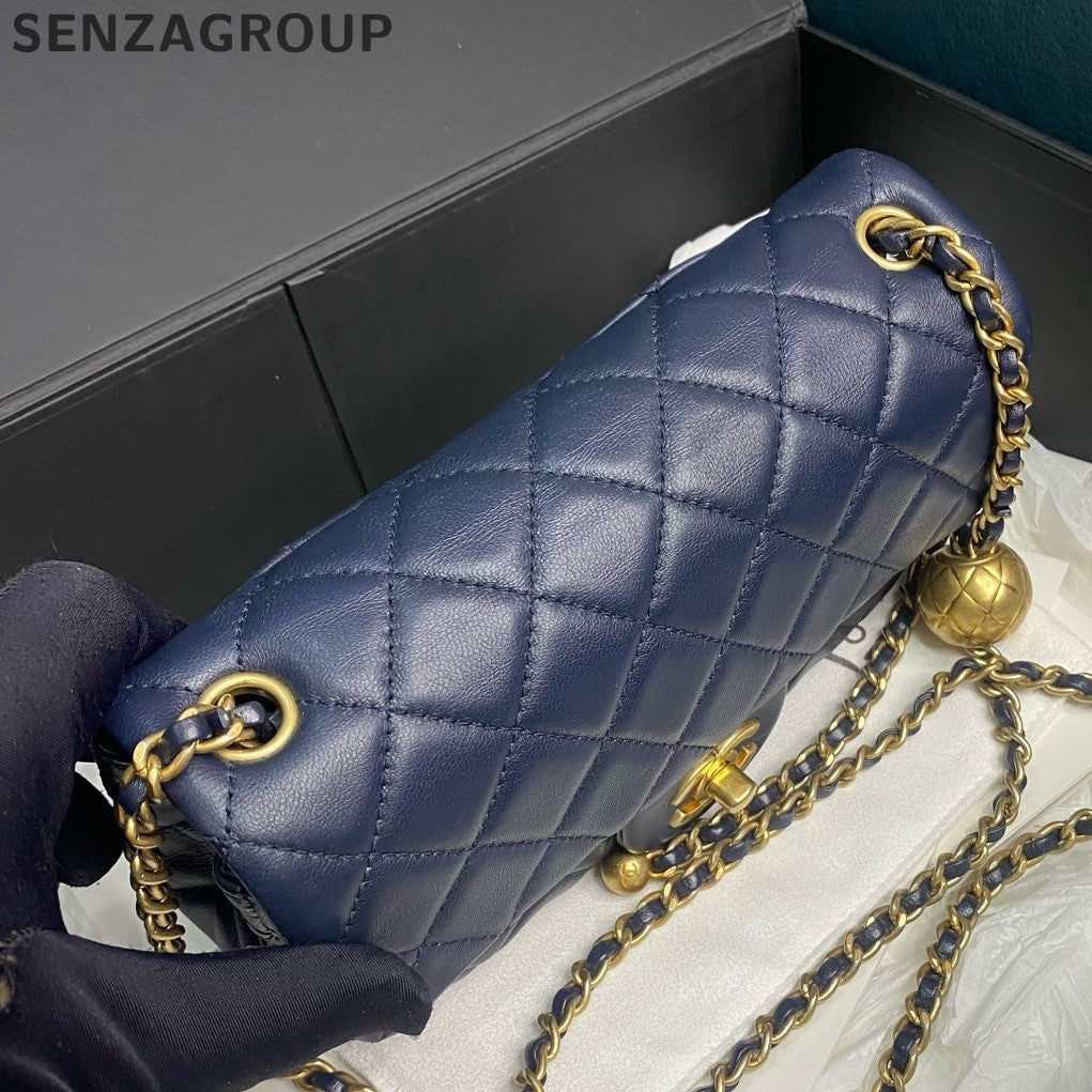 Chanel Classic Flap Mini Blue Gold Chain Crossbody Bag for Women