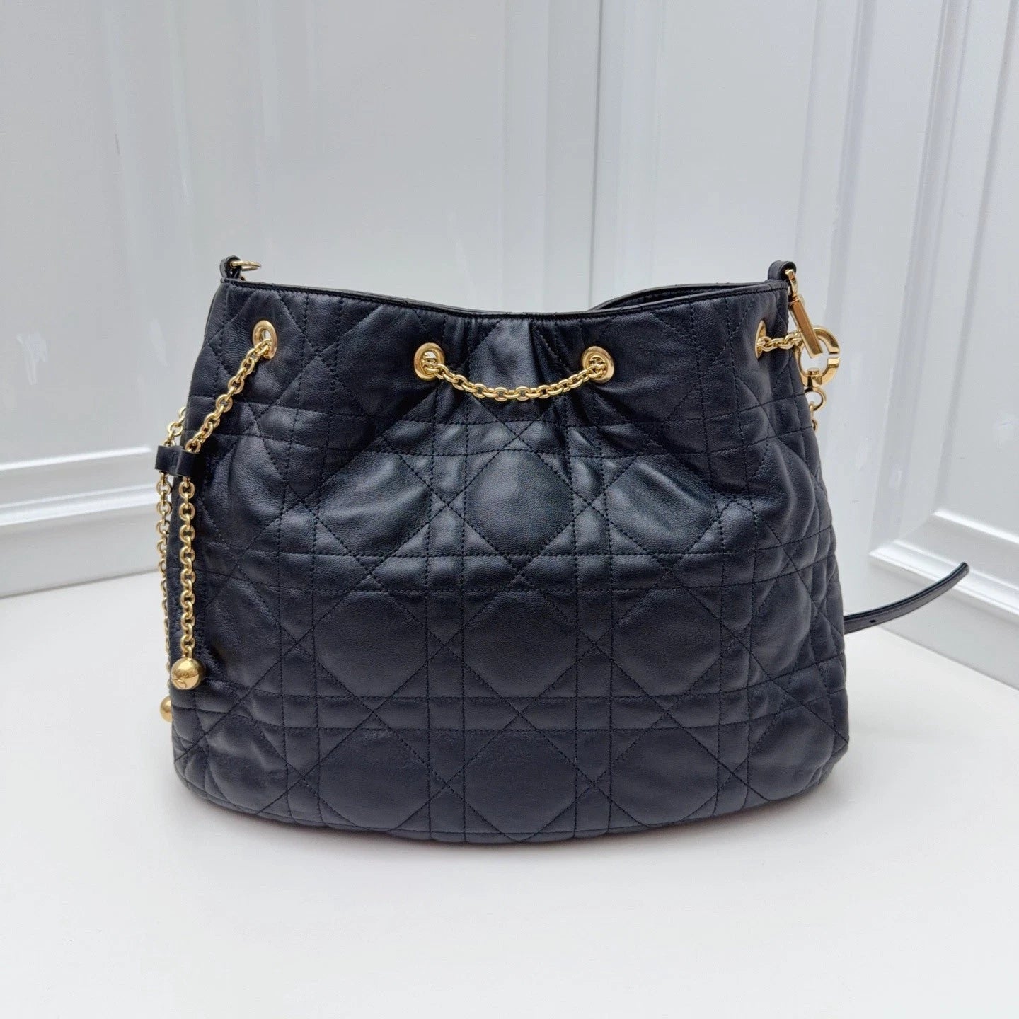 Christian Dior Cannage Tote Shoulder Bag Black Gold Hardware Women Classic