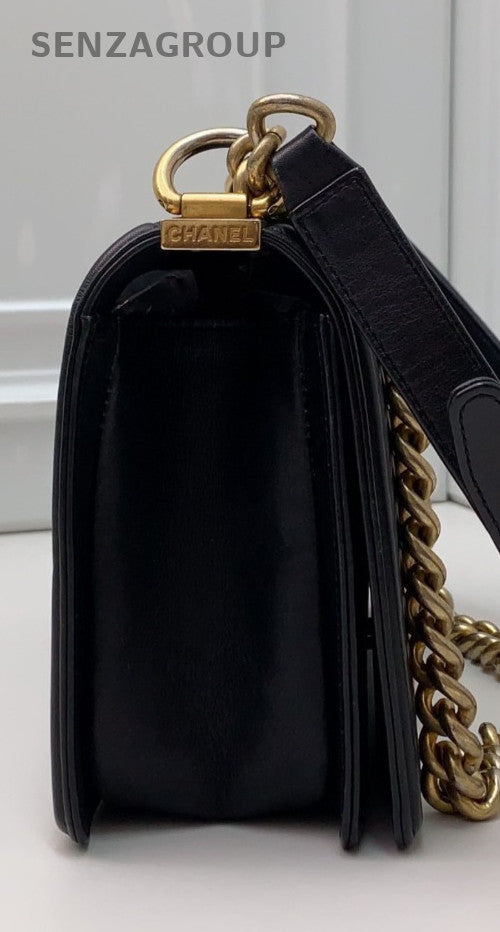 Chanel Leboy Calfskin Chain Shoulder Bag Black Gold Women Classic Designer