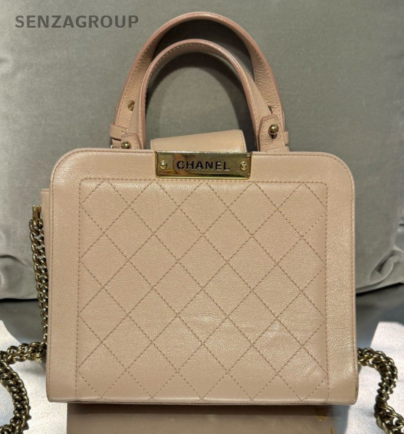 Chanel Calfskin Chain Crossbody Top Handle Bag Pink Gold Used Women Designer