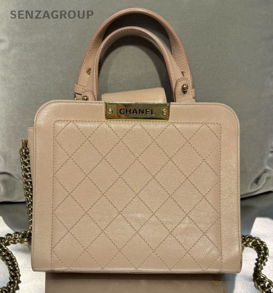 Chanel Calfskin Chain Crossbody Top Handle Bag Pink Gold Used Women Designer