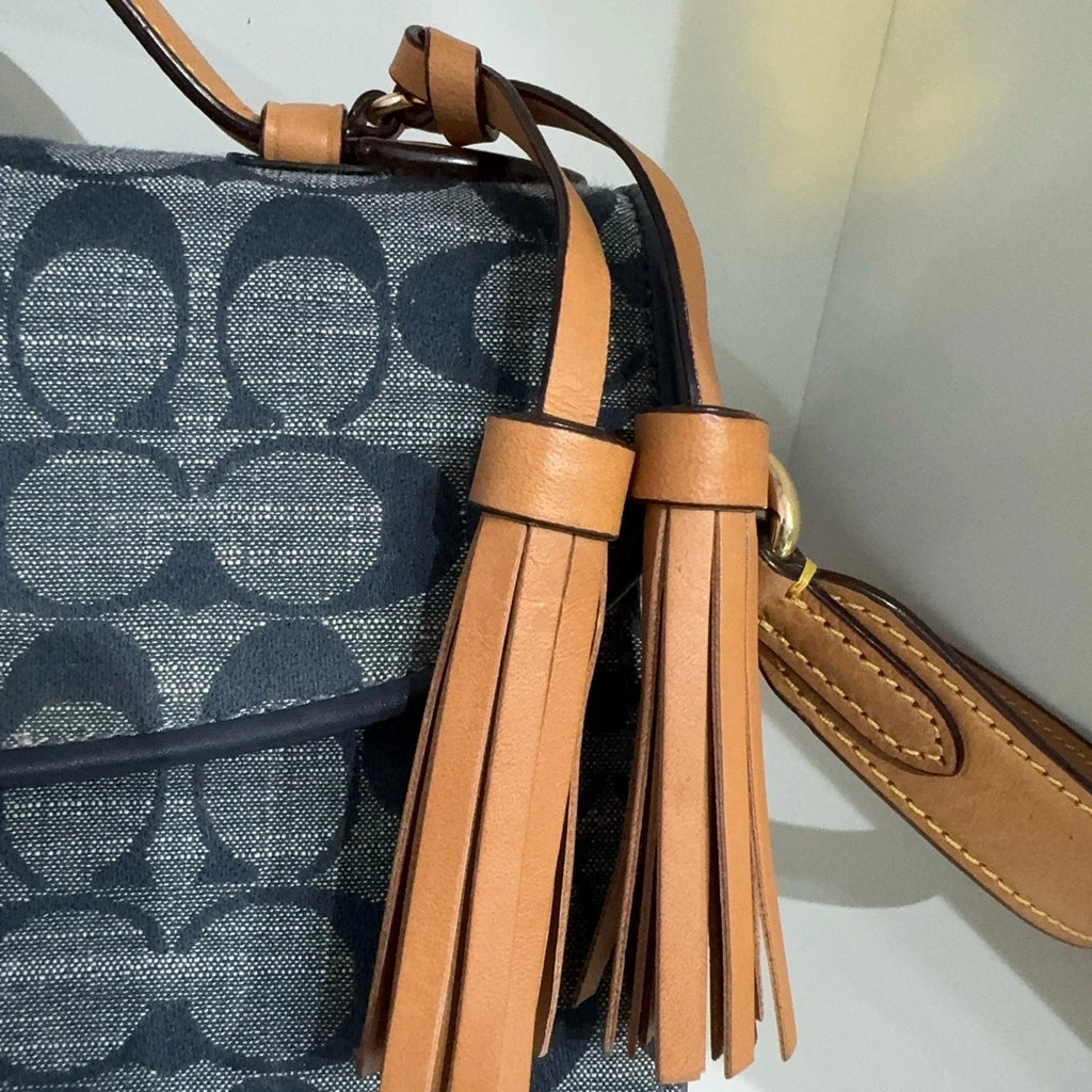Coach Women's Denim Blue Logo Print Flap Shoulder Crossbody Handbag Medium