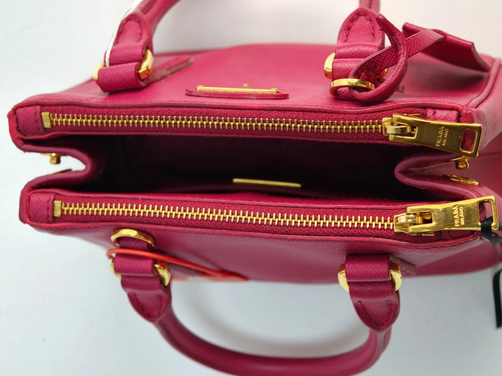 Prada Galleria Mini 2Way Top Handle Bag Crossbody Rose Red Gold Classic Women