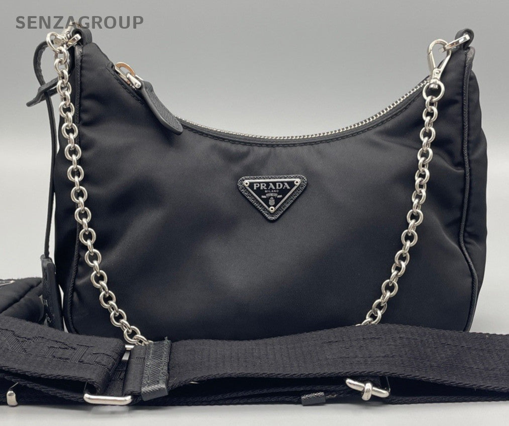 Prada Nylon Hobo Chain Shoulder Bag Black Silver Used Women Classic