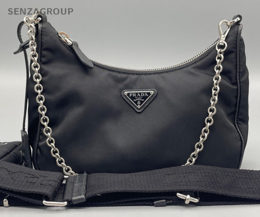Prada Nylon Hobo Chain Shoulder Bag Black Silver Used Women Classic