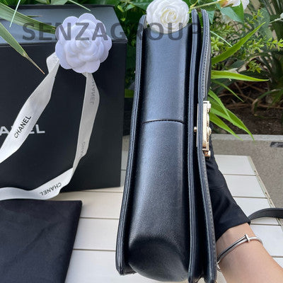 CHANEL Black Gold Le Boy Large Chain Shoulder Bag Quilted Classic