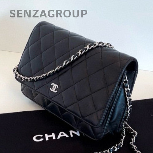 Chanel WOC Chain Lambskin Diamond Shoulder Bag Black Silver Used Women Classic